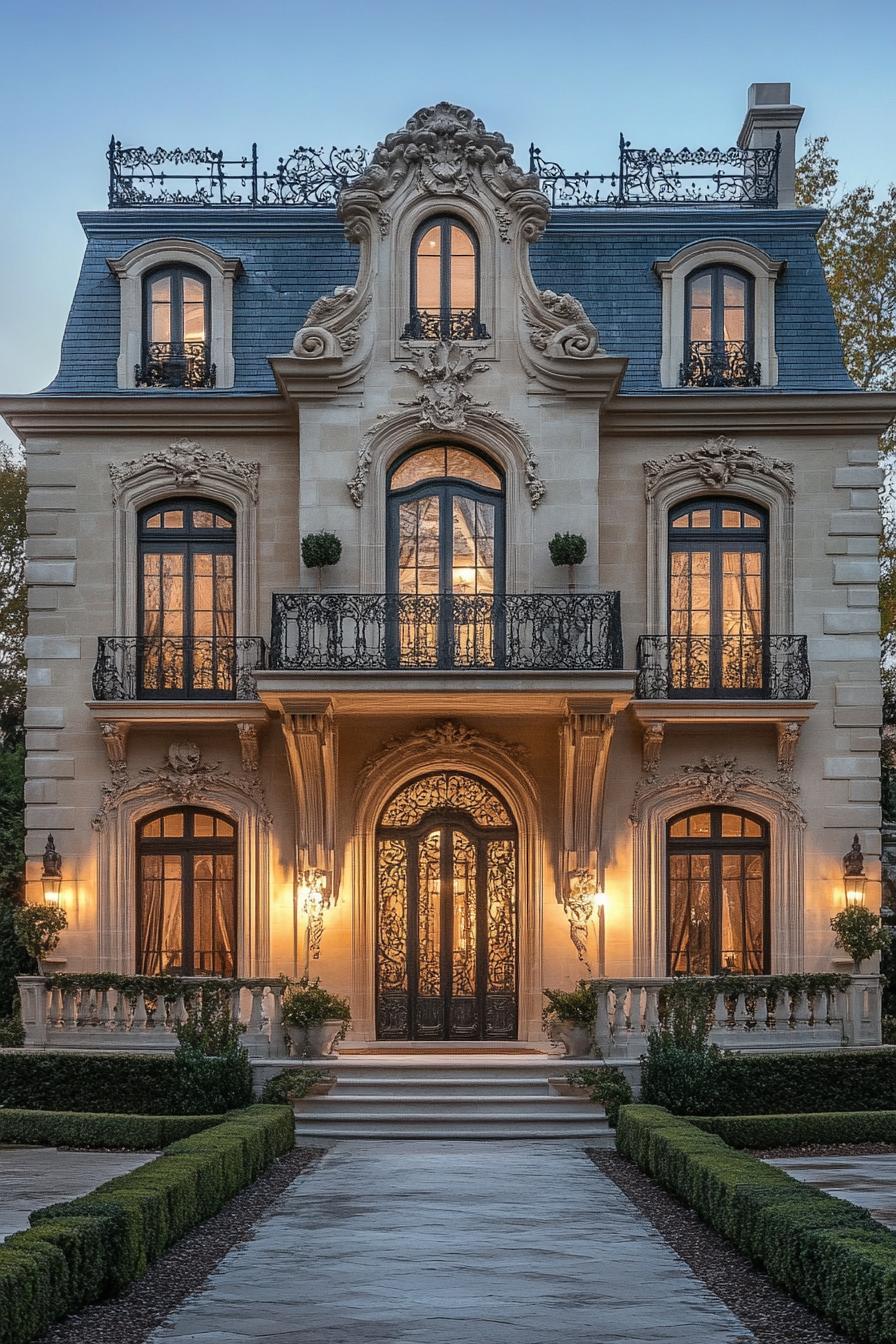 Elegant mansion with intricate ironwork and ornate facade