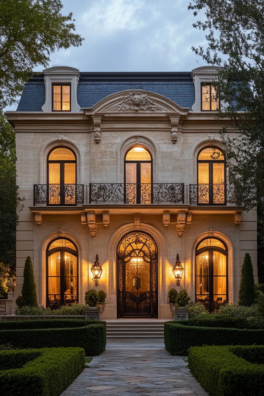 Elegant mansion with lit windows and ornate details