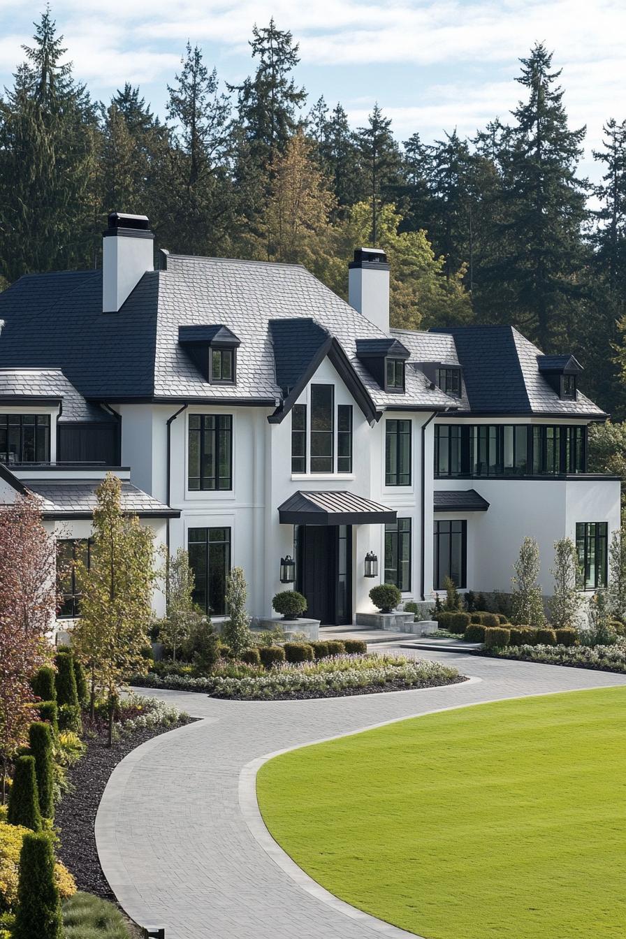 White mansion surrounded by lush greenery and a winding driveway