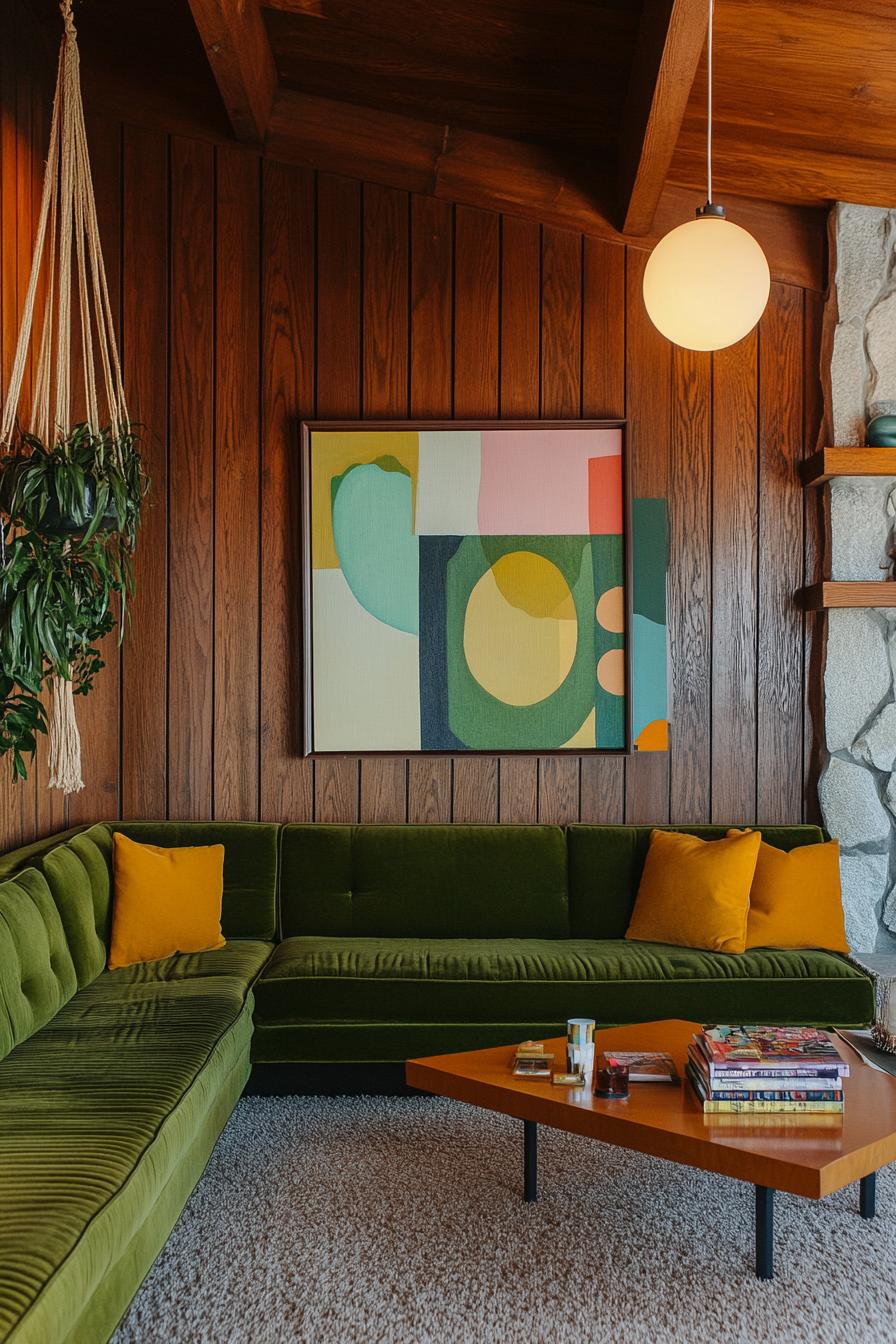 Mid-century modern living room with green velvet sofa and abstract art