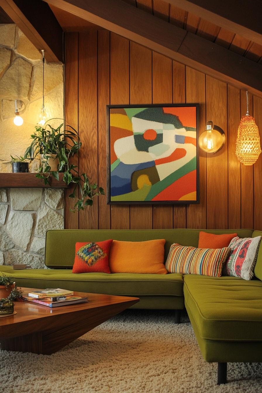 Mid-century modern living room with vibrant colors and retro furniture