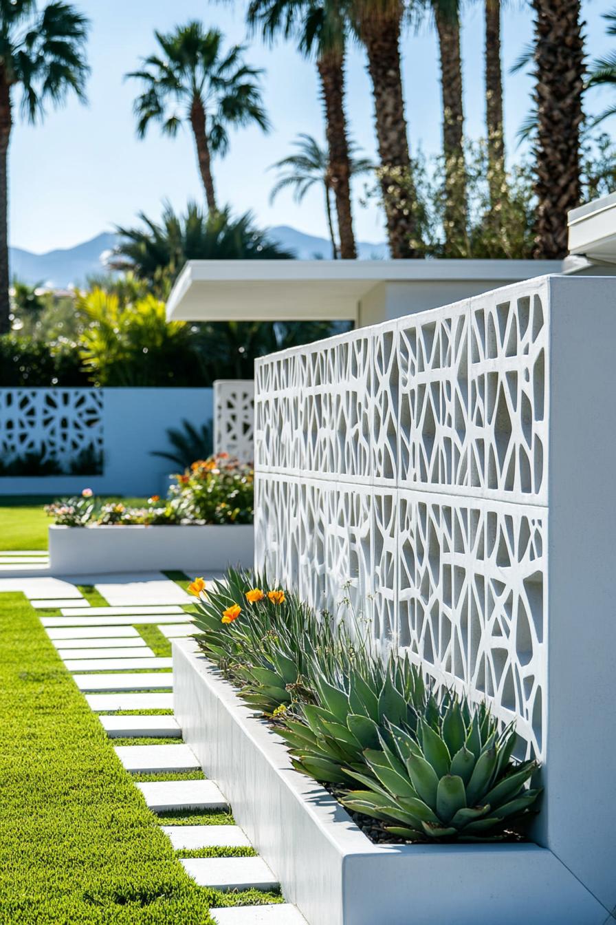 Mid-century house with patterned white walls and lush green plants