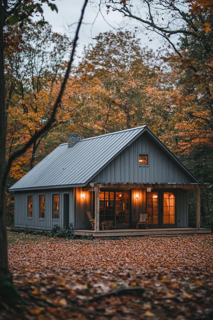 Quaint cabin nestled in a forest during fall