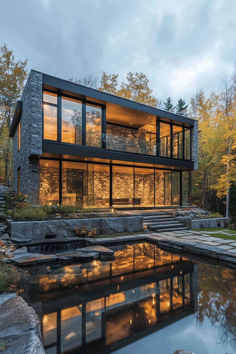 Modern house with large glass windows reflecting on a pond