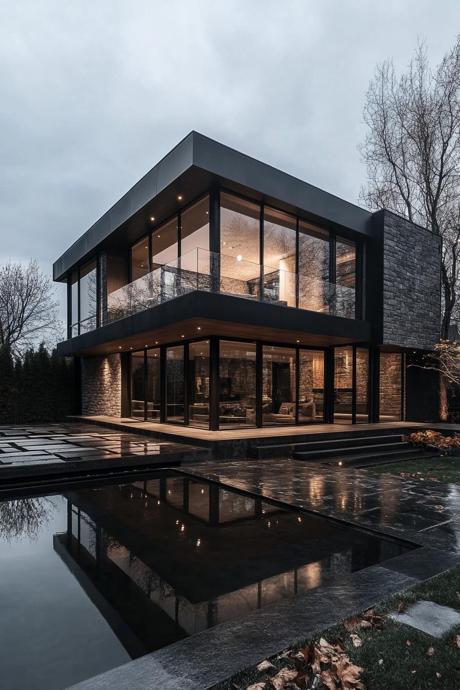 Modern glass house with stone accents surrounded by trees and a reflecting pool