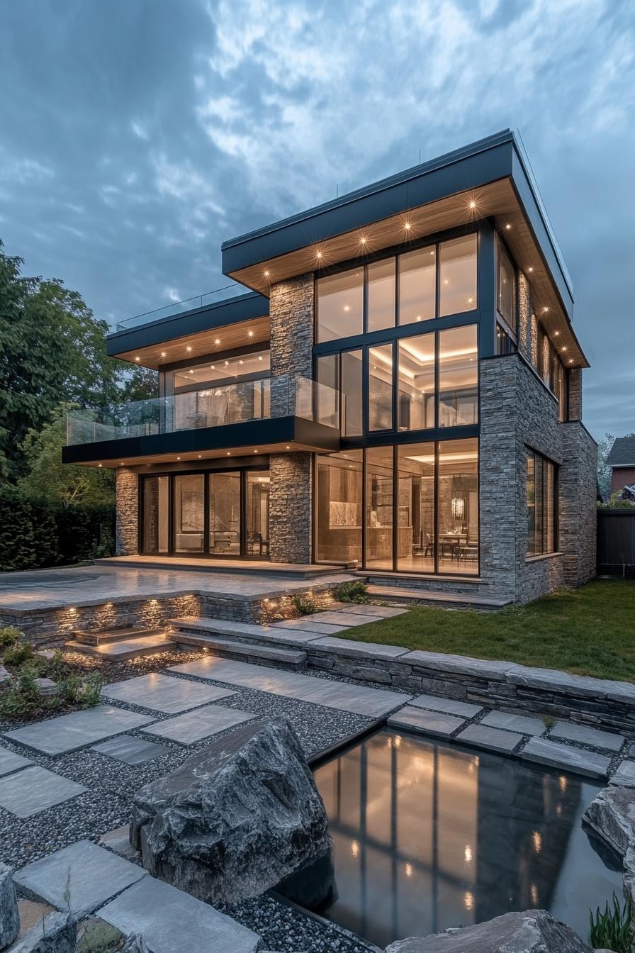 Modern house with stone walls and large glass windows