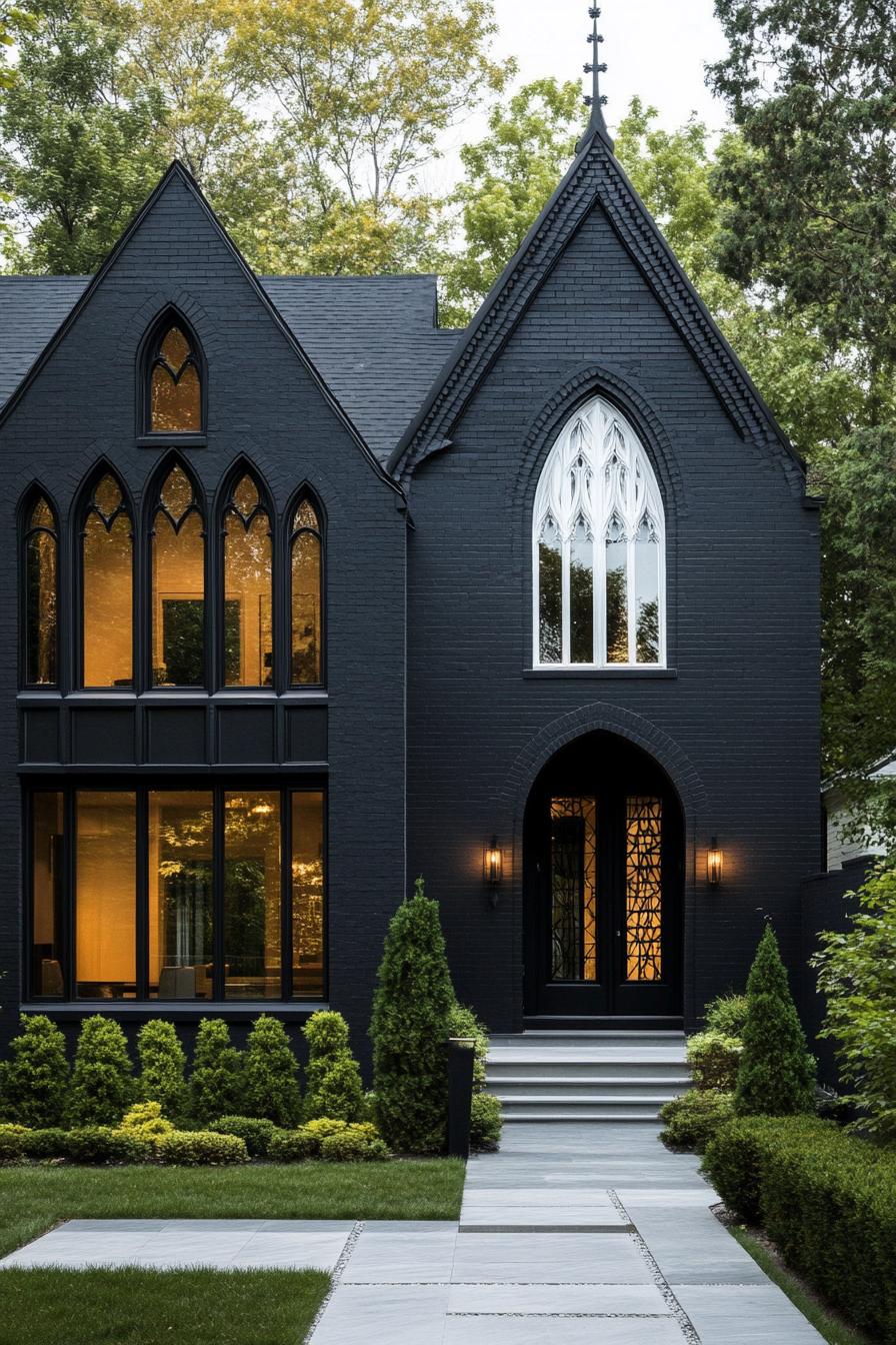 Dark gothic-style house with tall pointed windows and lush greenery