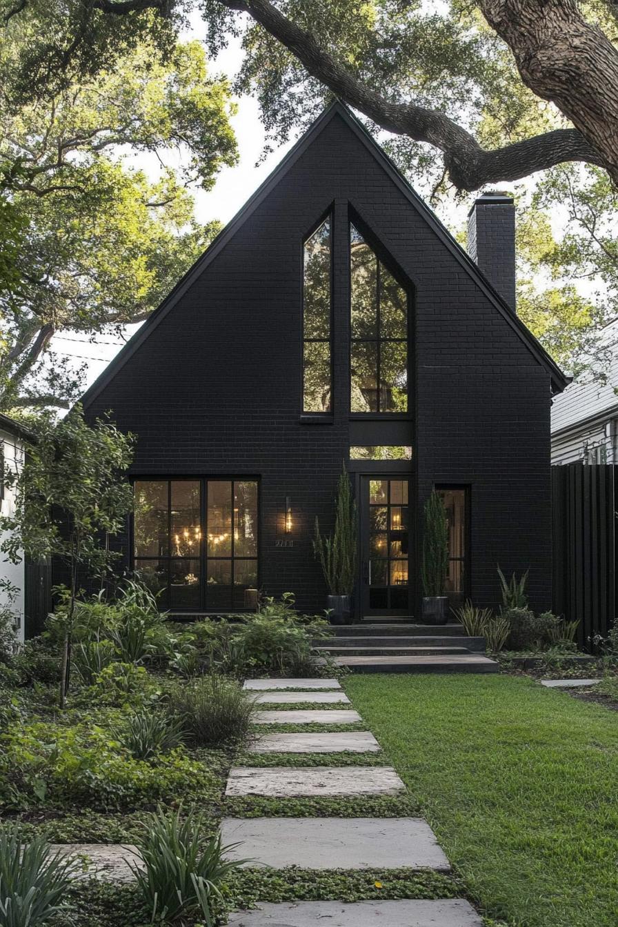 A tall black Gothic-style house with an A-frame roof and large windows