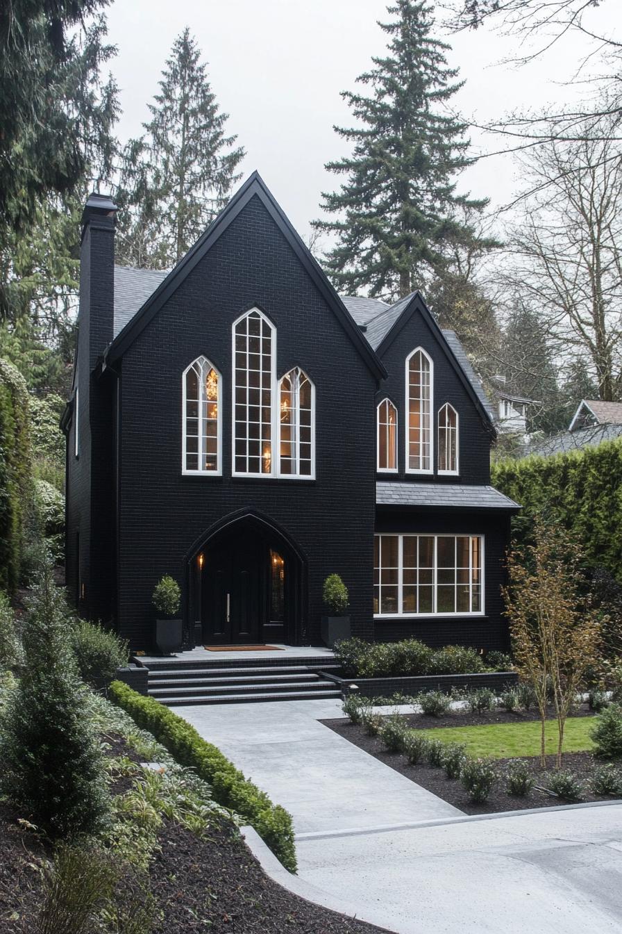 Dark-hued Gothic style house with pointy roofs and large windows