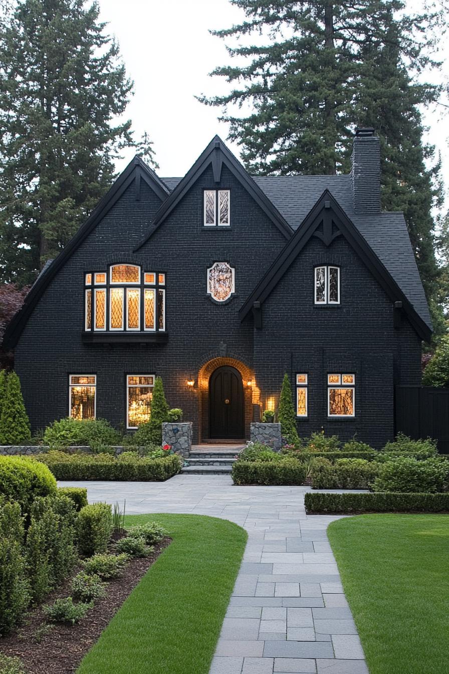 Dark brick Gothic house with vibrant garden pathway