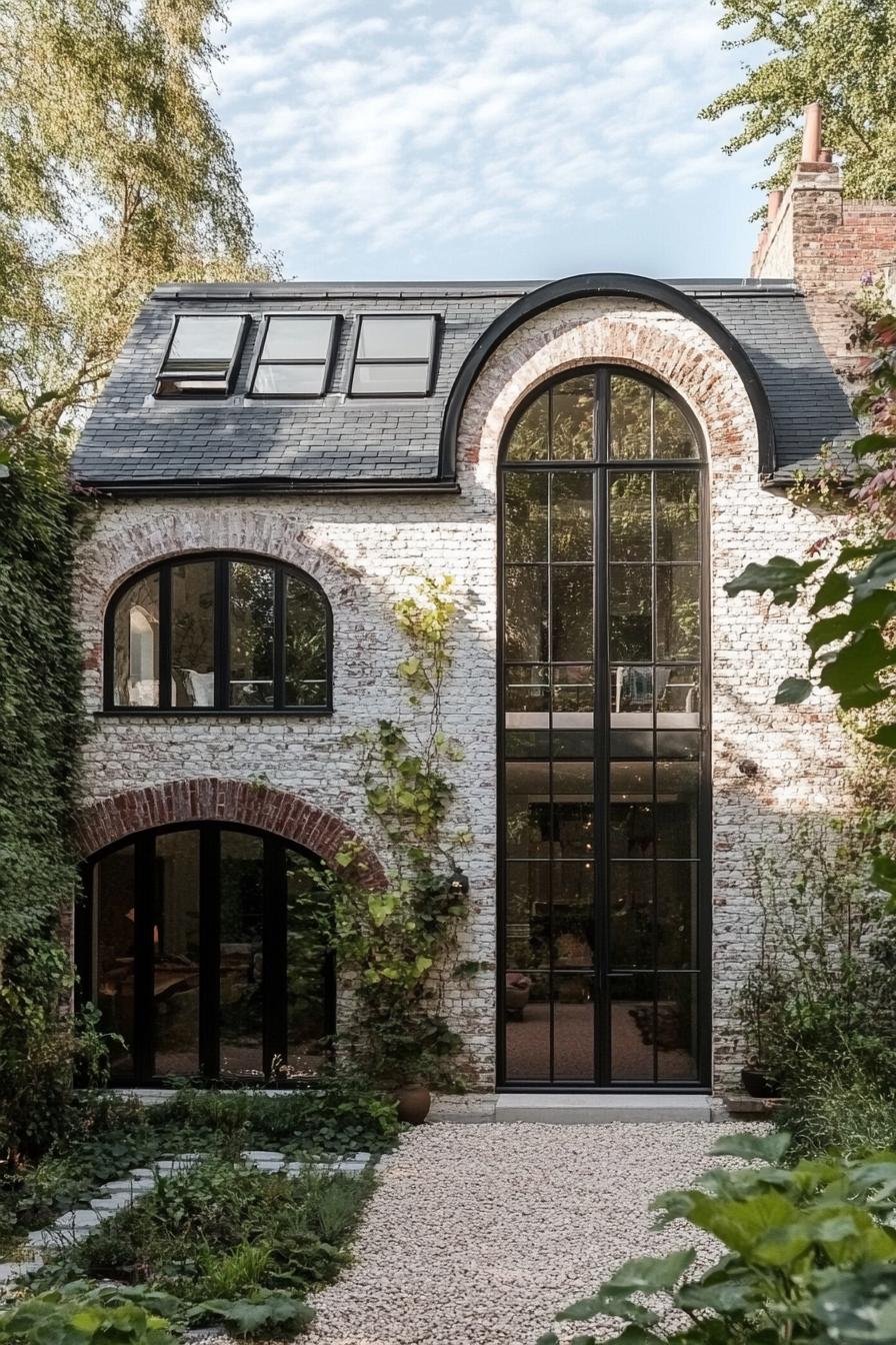 Quaint stone house with arched windows and black frames