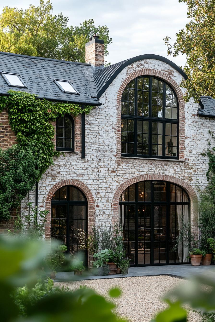 Brick house with grand arched windows and ivy-covered walls