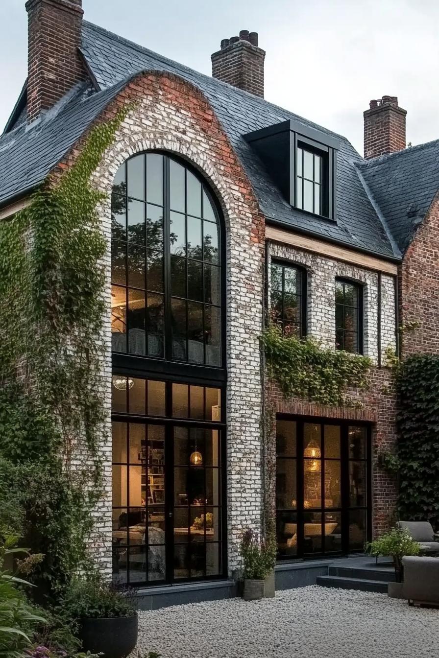 Charming brick home with large windows and ivy