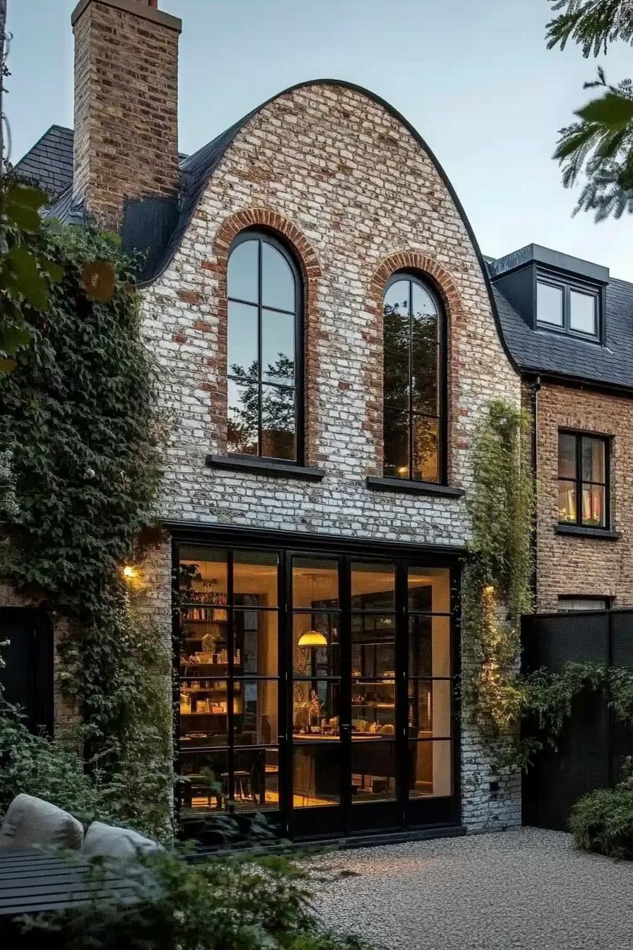 Brick house with large arched windows and ivy