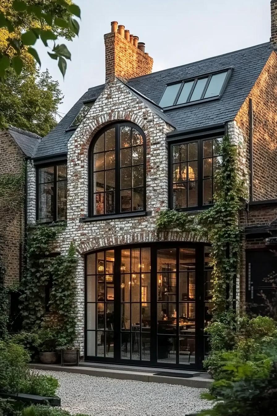 Modern British house with arched windows and climbing ivy