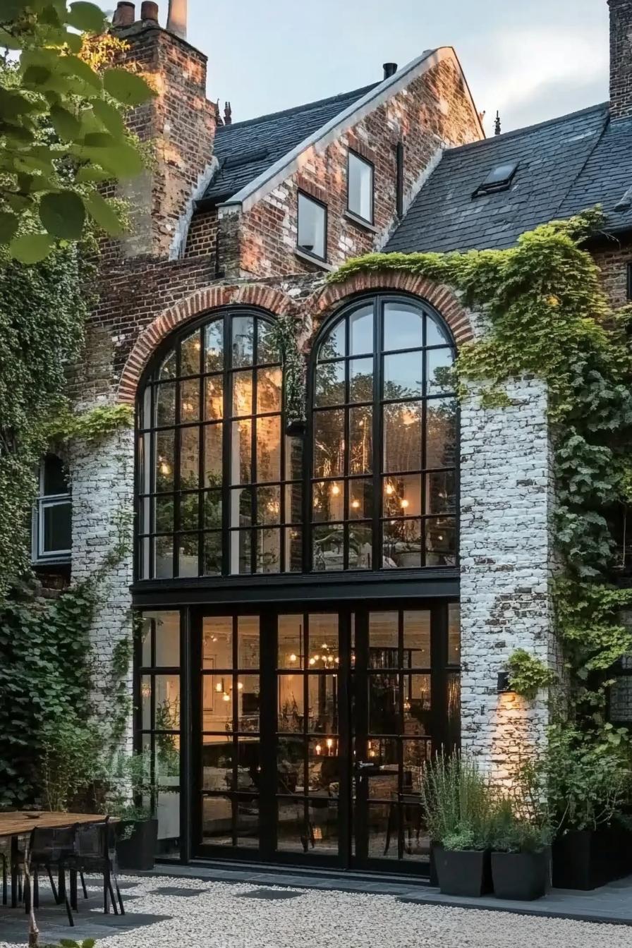 Rustic brick house with large arched windows