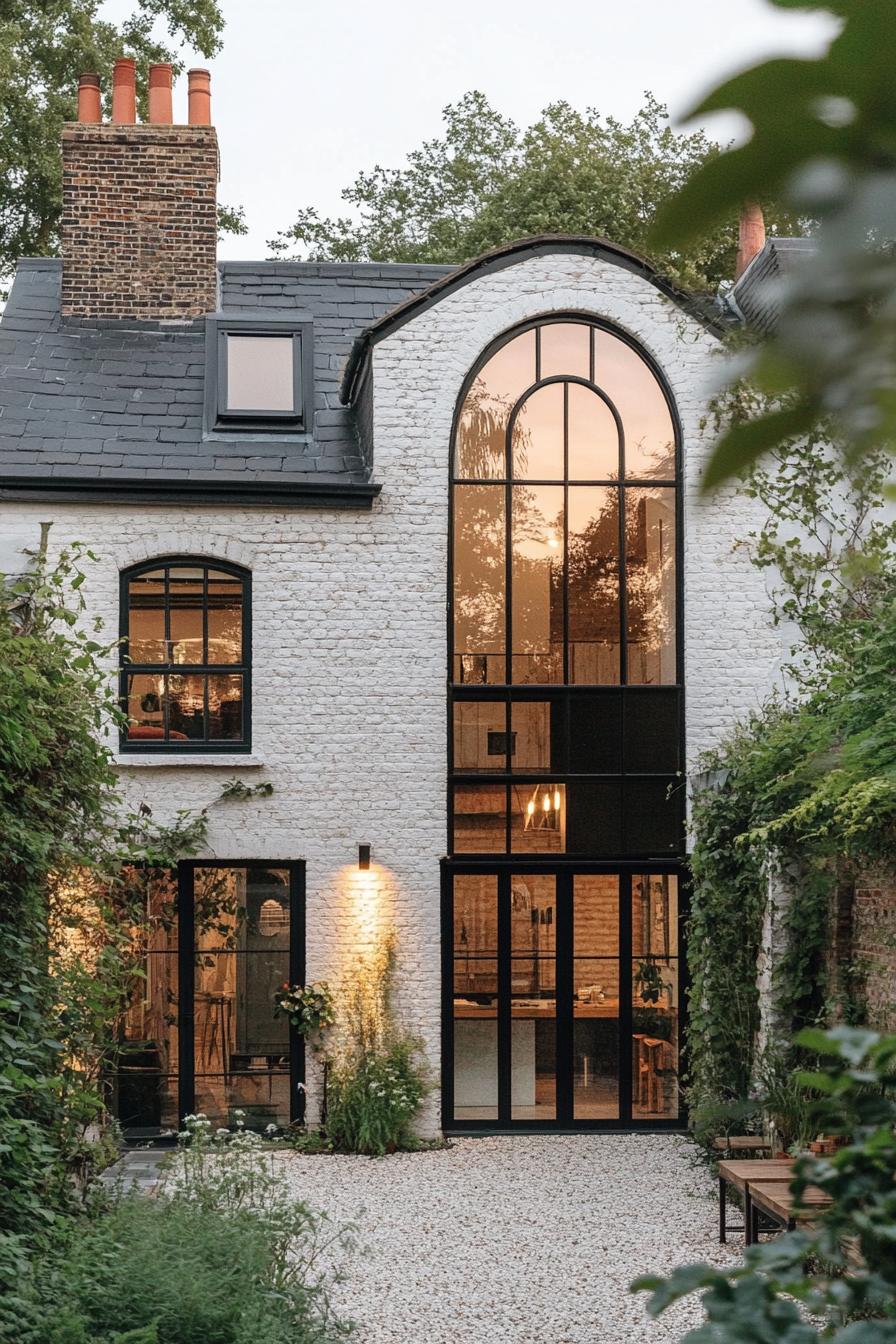 Charming brick house with arched window and lush garden