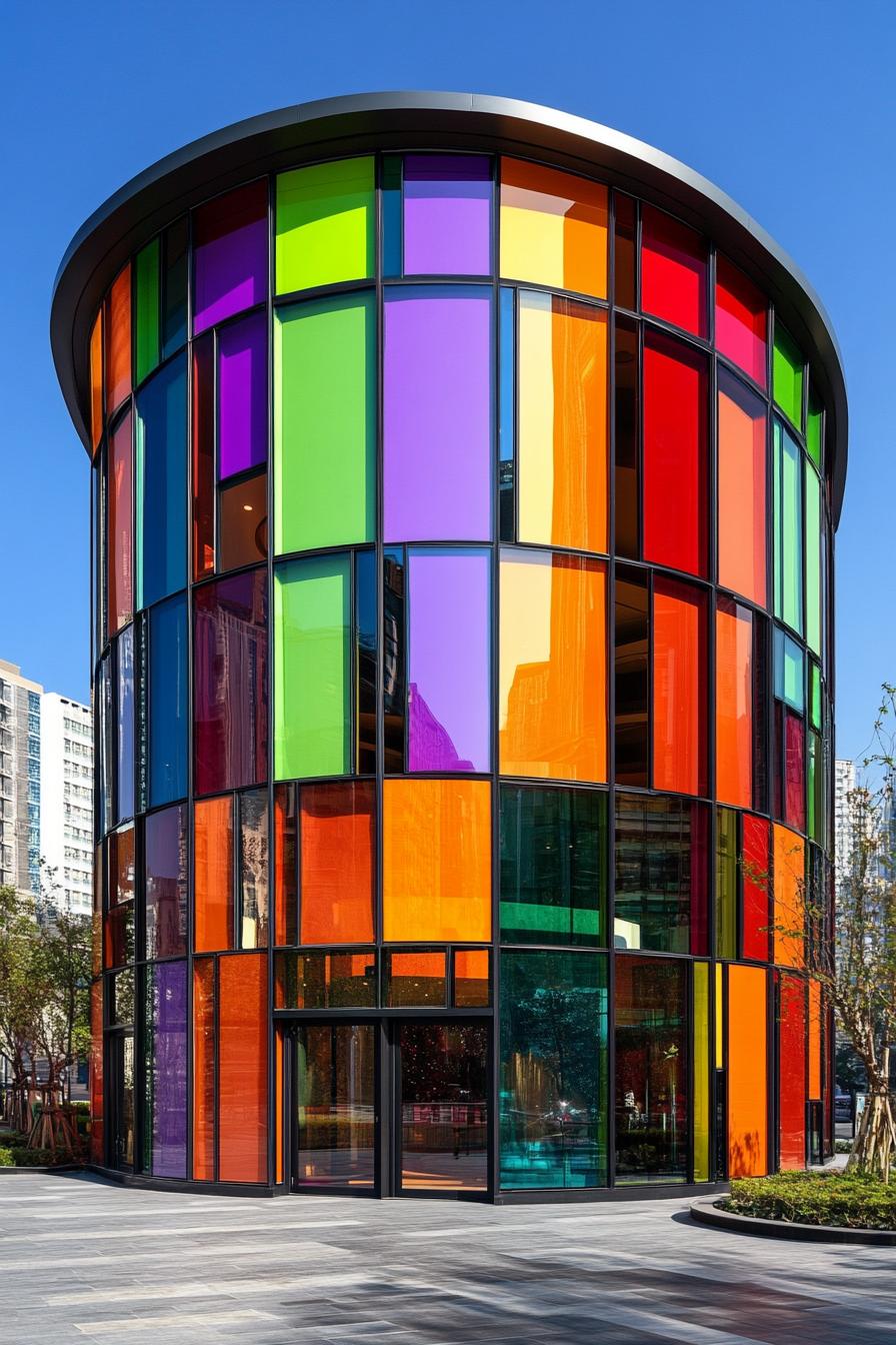 Colorful cylindrical building with vibrant stained glass panels