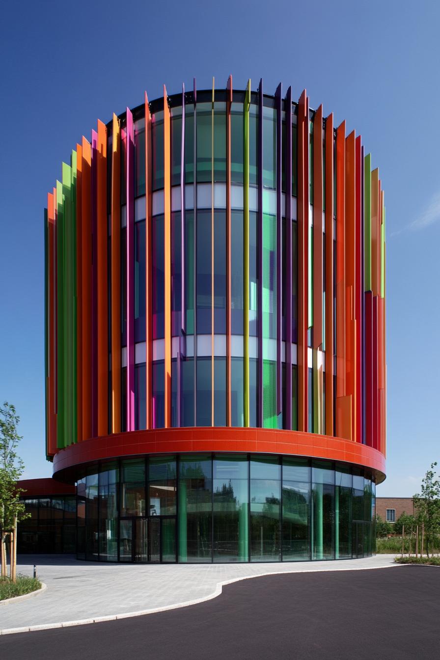 Colorful cylindrical building with vertical slats