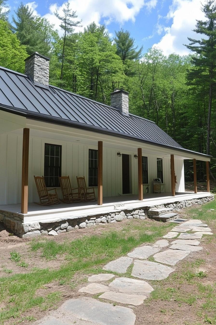 Rustic metal home with stone path and porch