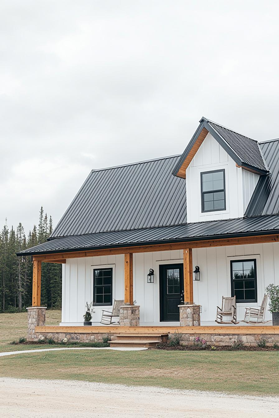 Modern metal home with stone pillars and a porch