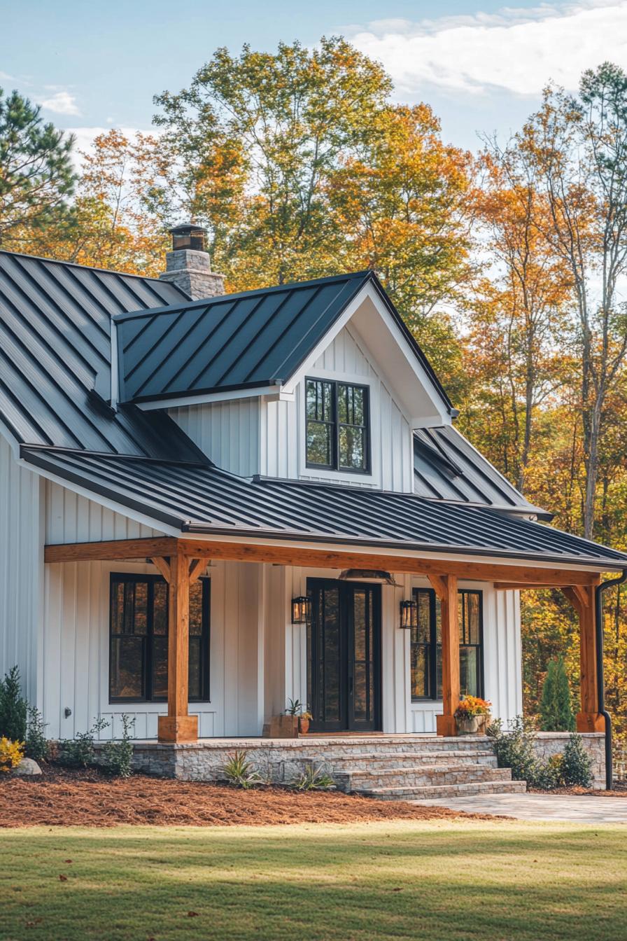 Modern metal house amidst fall foliage