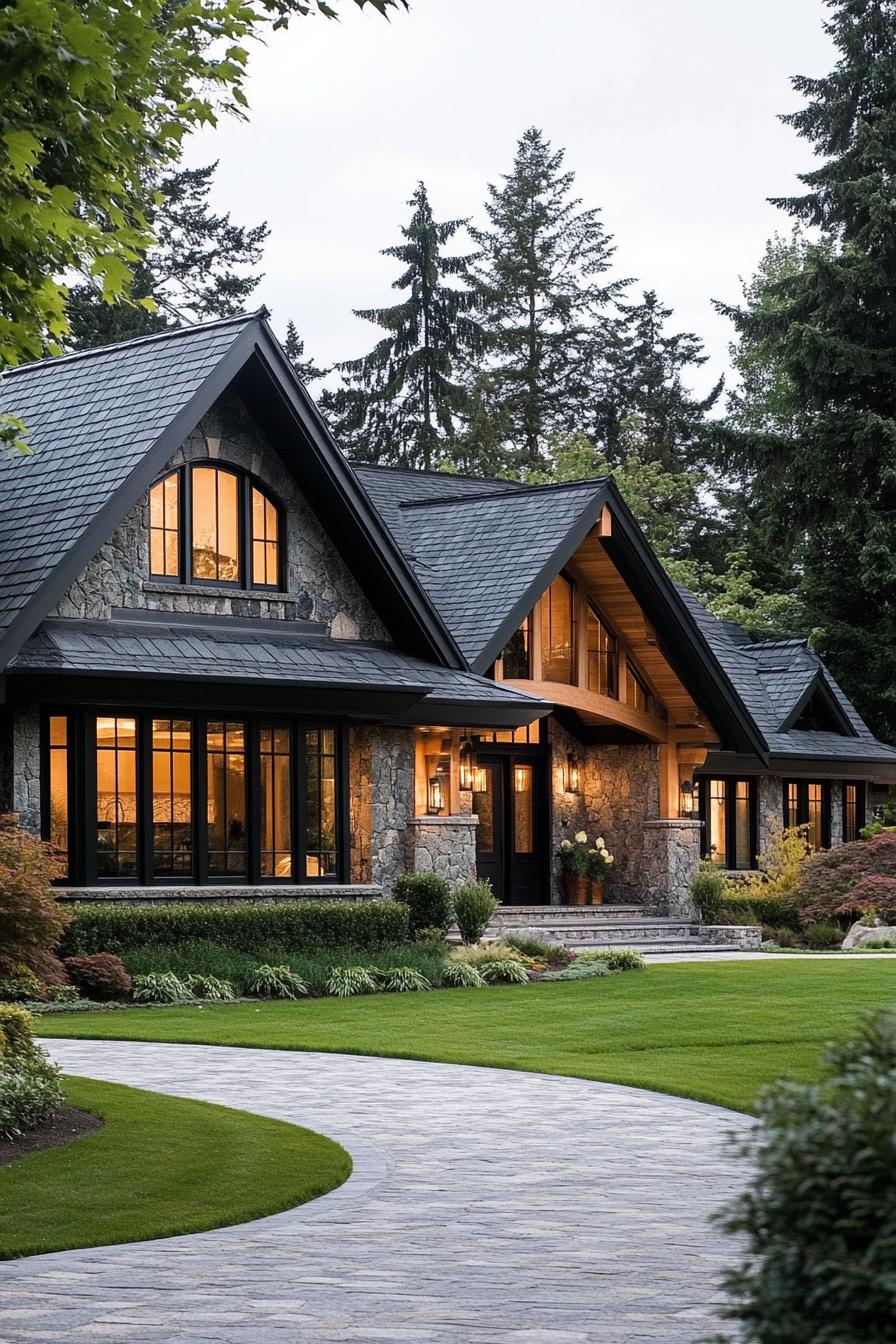 Charming modern farmhouse with sleek slate roof and lush surroundings