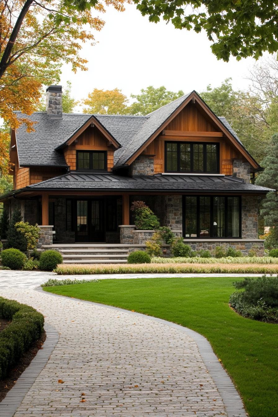 Brick Path to a Stone and Wood Farmhouse