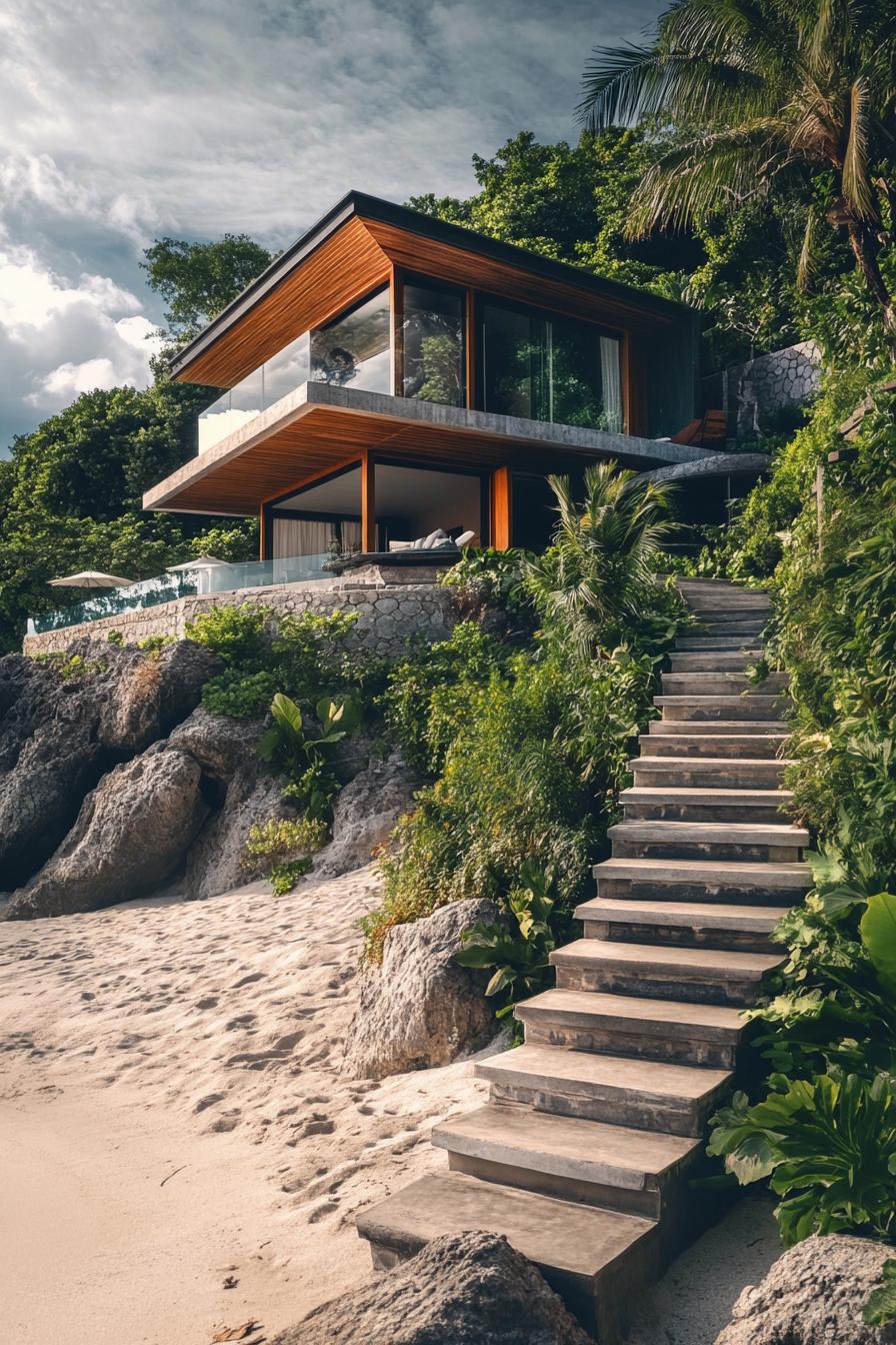 Modern house perched above a sandy beach with lush greenery