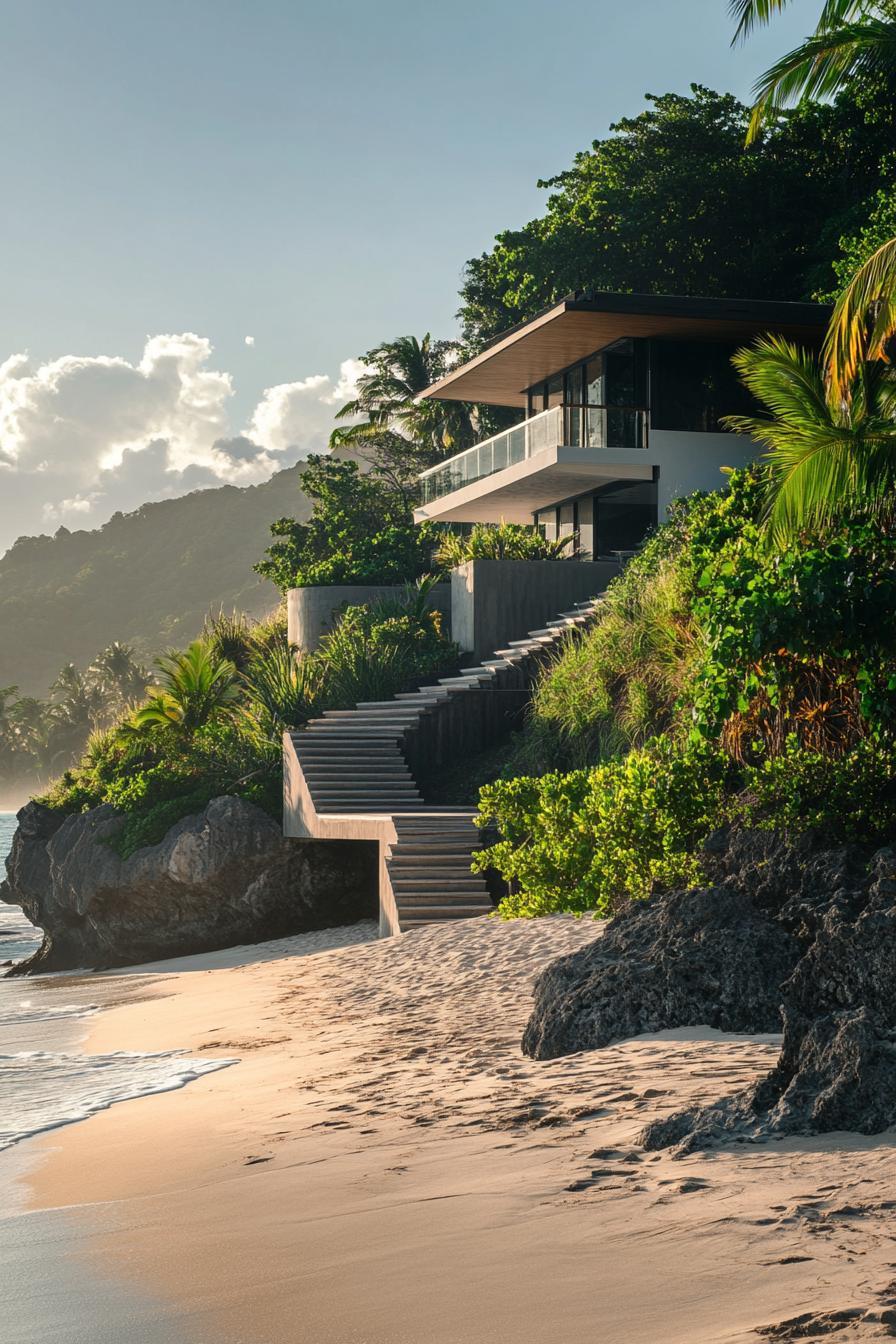 Modern house perched on a lush hillside by the beach