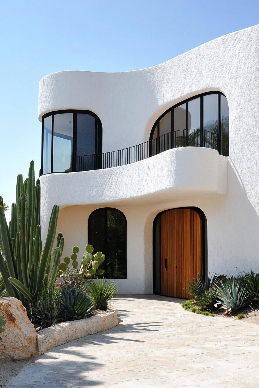 Modern house with rounded walls and large windows surrounded by desert plants