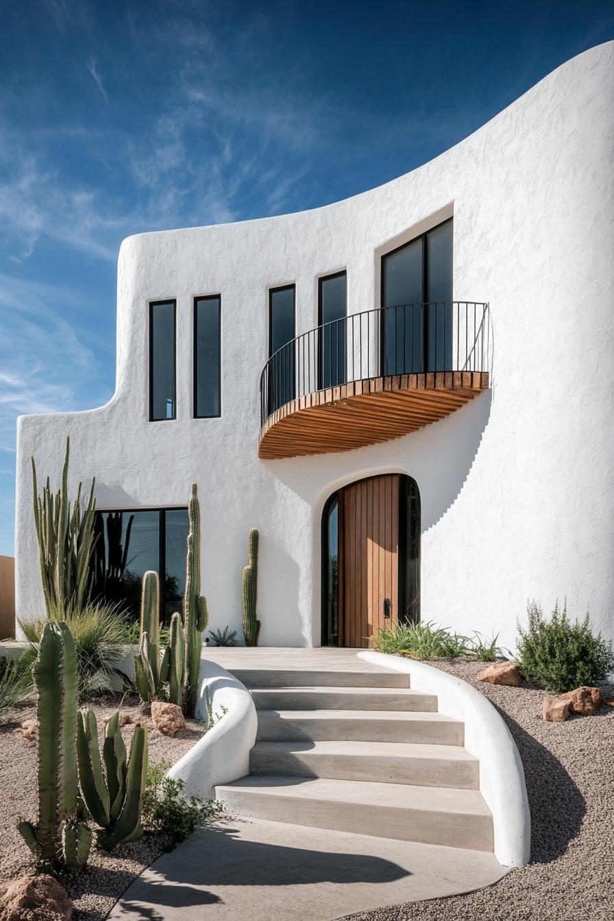 Modern white house with curved walls and desert landscaping