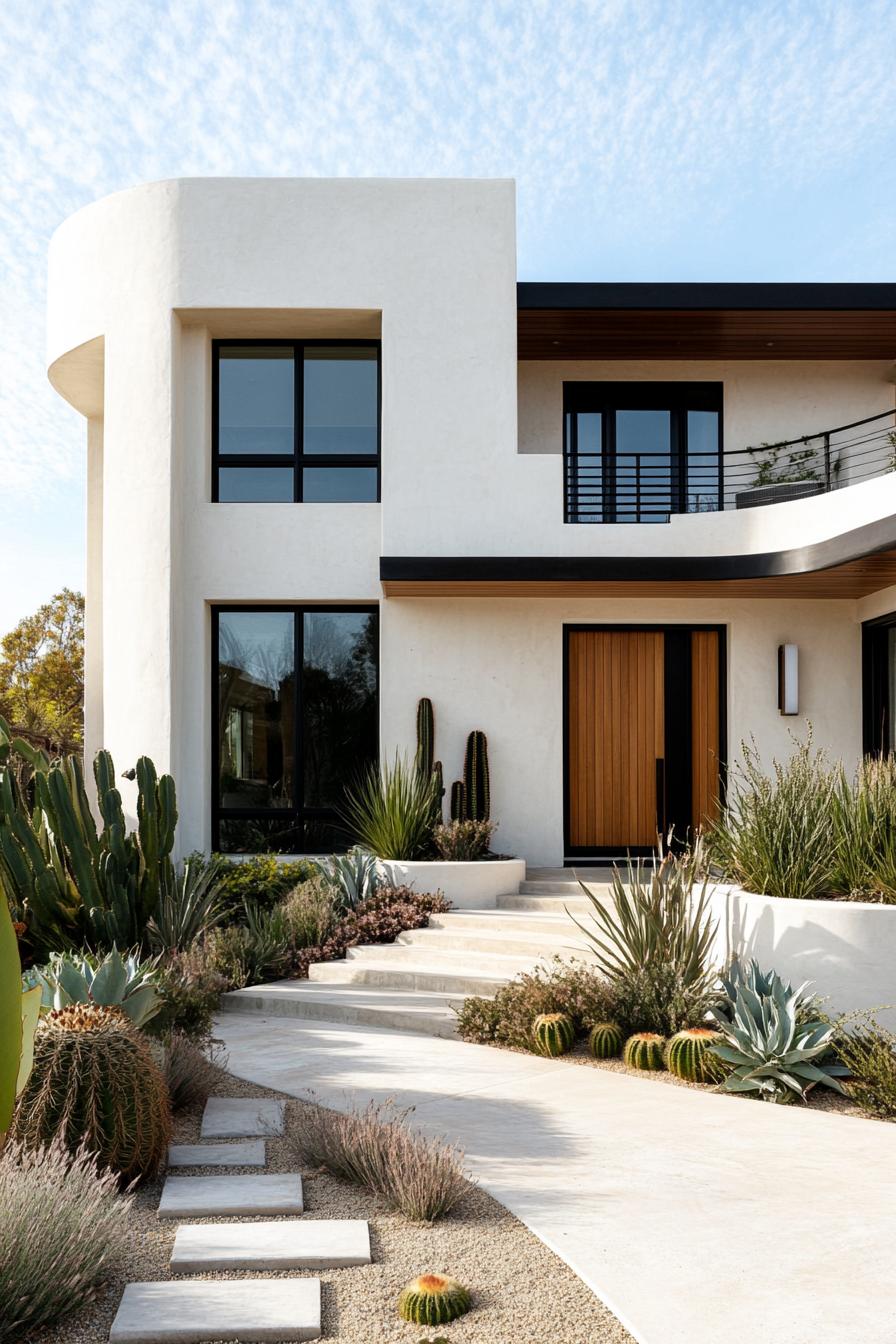 Modern house with curved walls and surrounded by desert plants