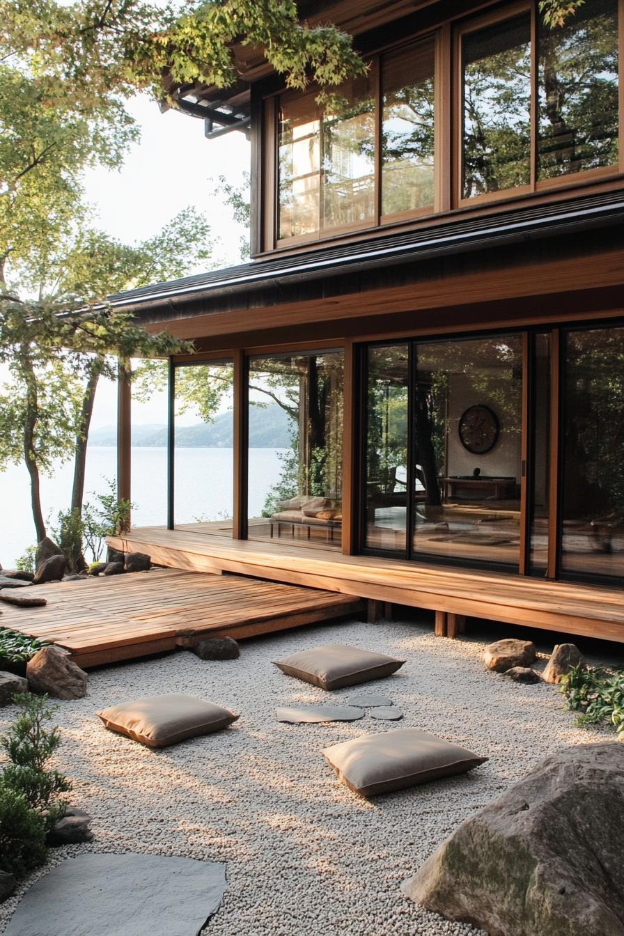 A serene Japanese courtyard with a wooden deck and cushions on gravel