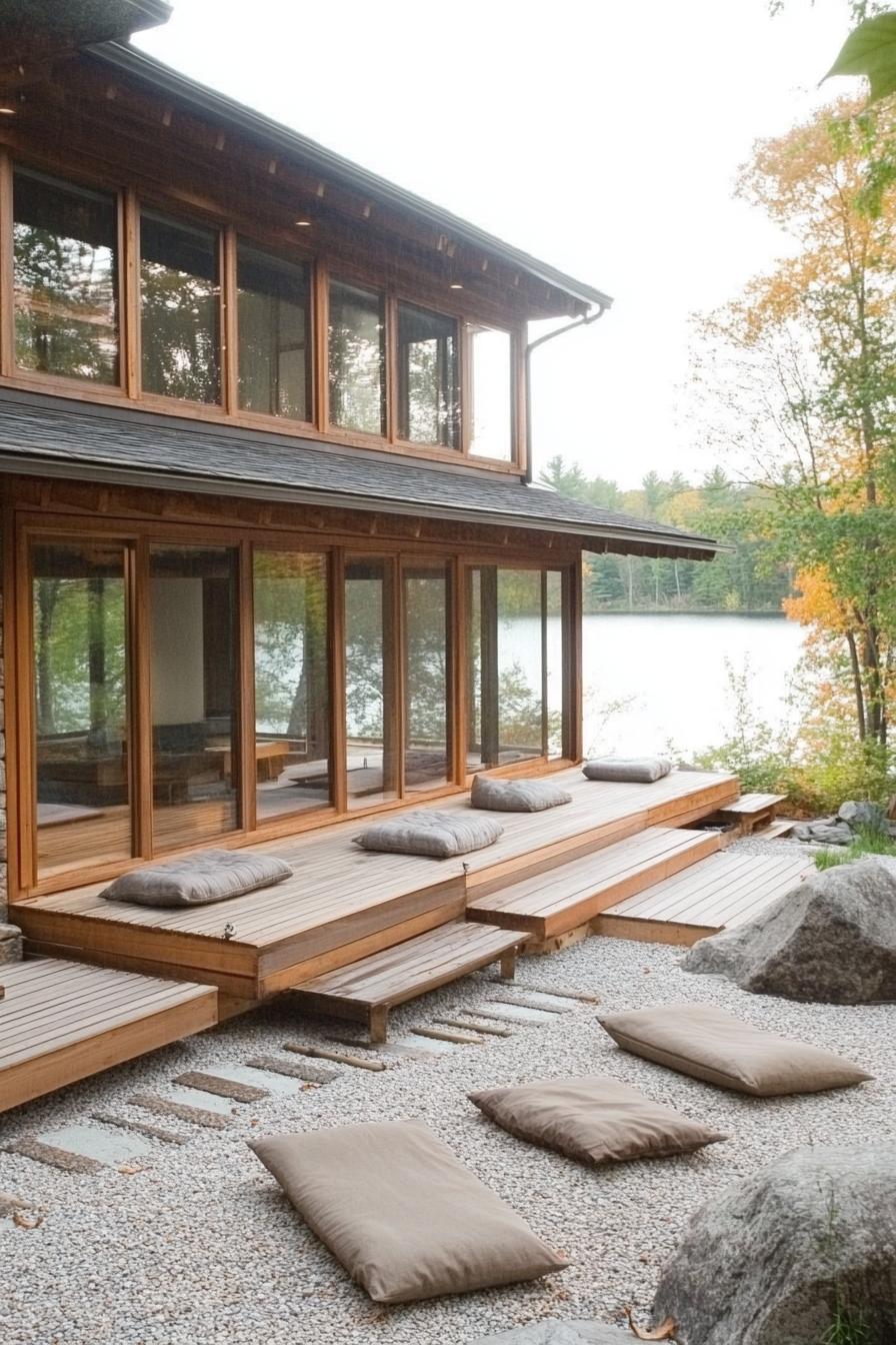 Japanese courtyard house with wooden decks overlooking a serene lake