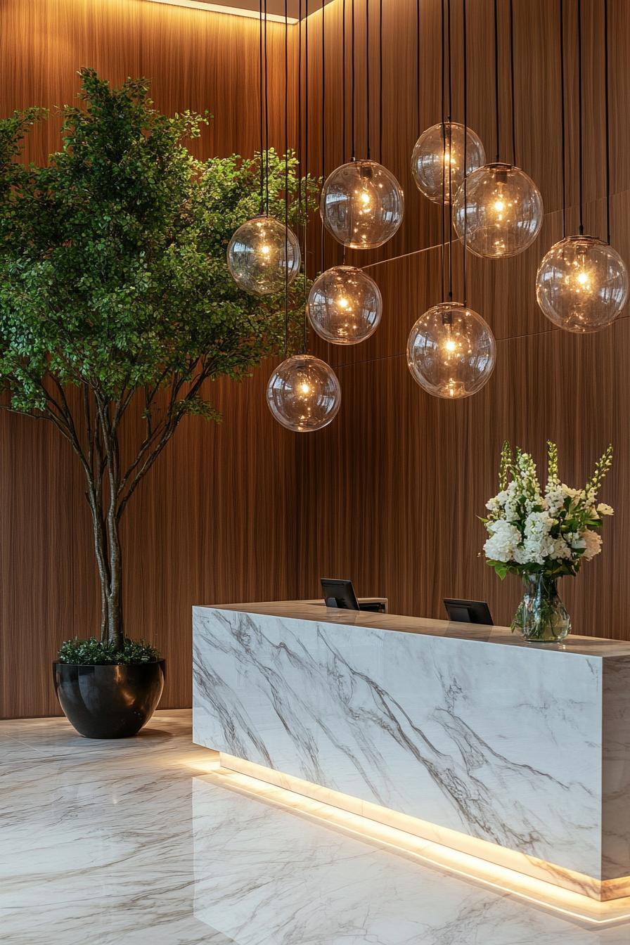 Lobby with hanging glass spheres and a marble desk