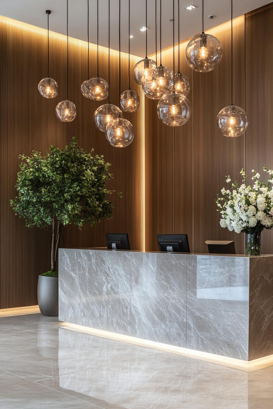 Lobby with hanging glass globes and elegant marble counter