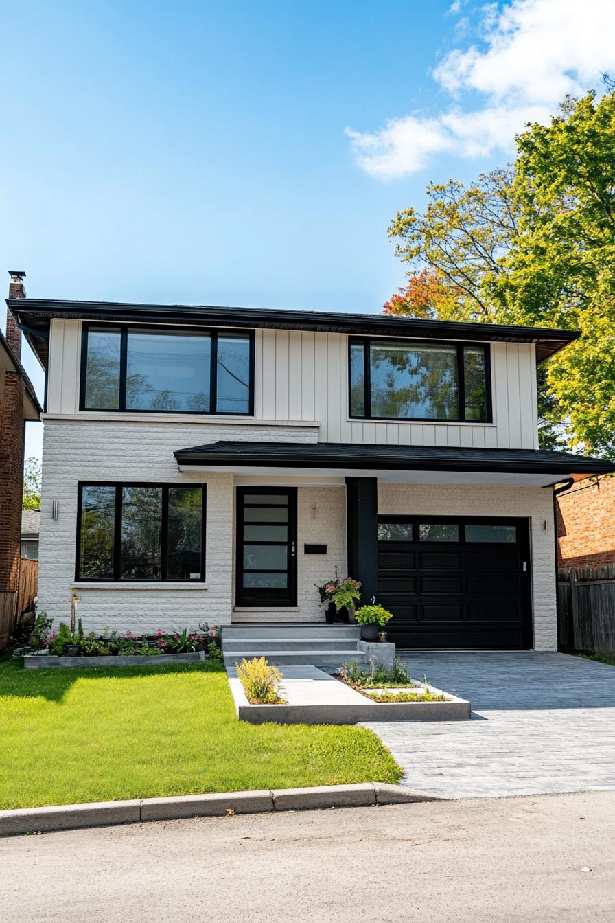 Modern split level house with sleek design and black accents