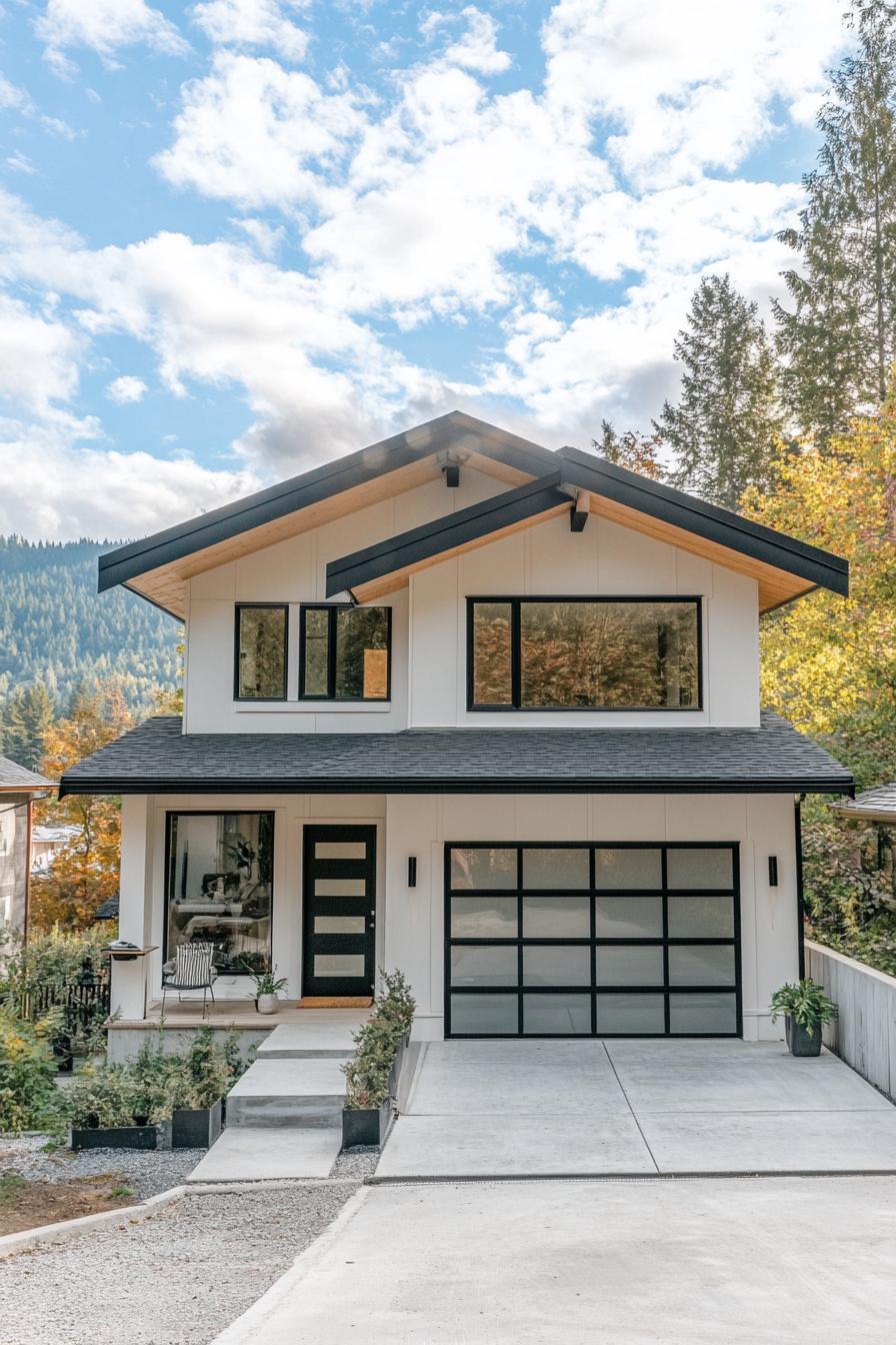 Contemporary two-story house with black accents amidst a forest backdrop