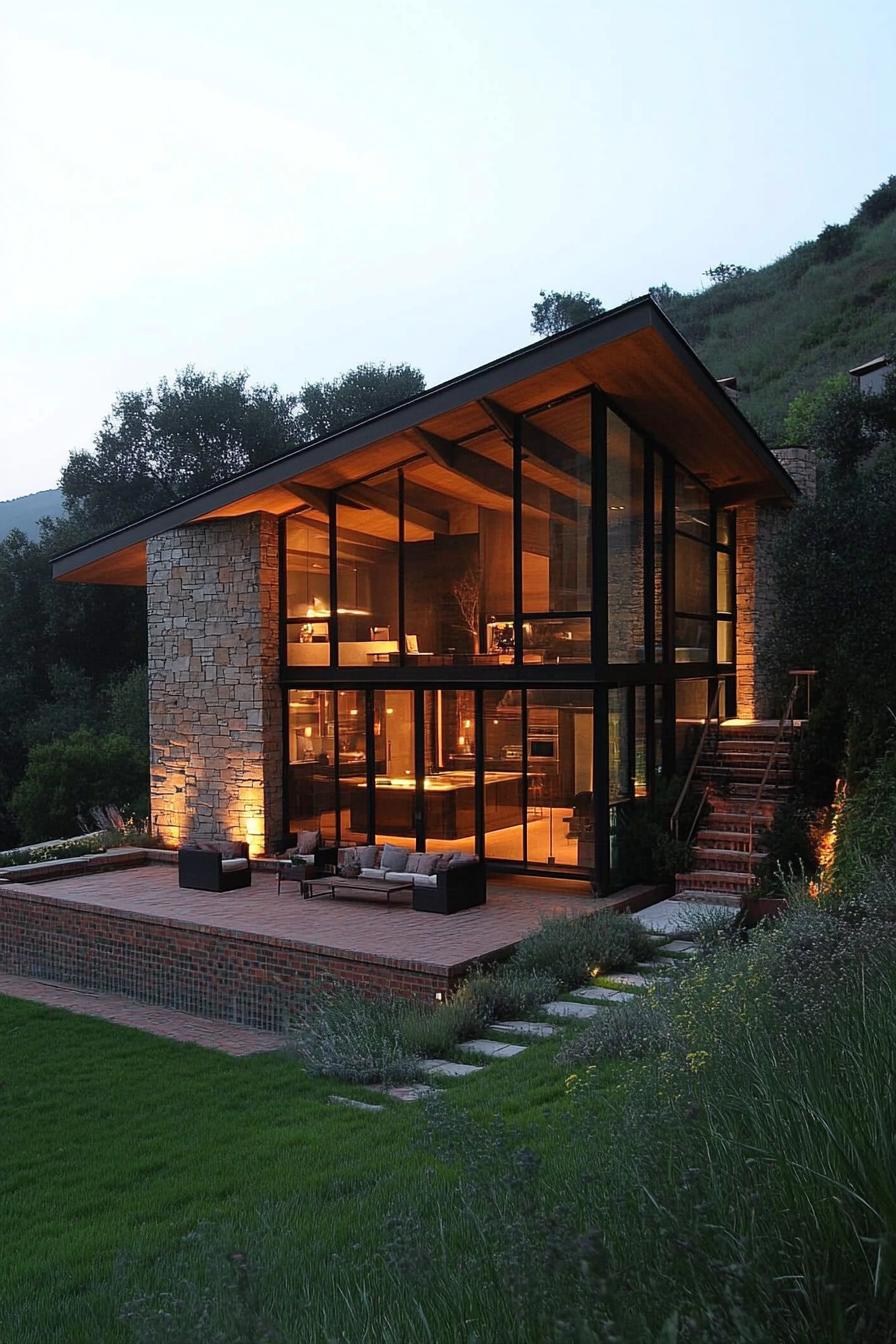 Modern hillside house with large glass windows and stone accents