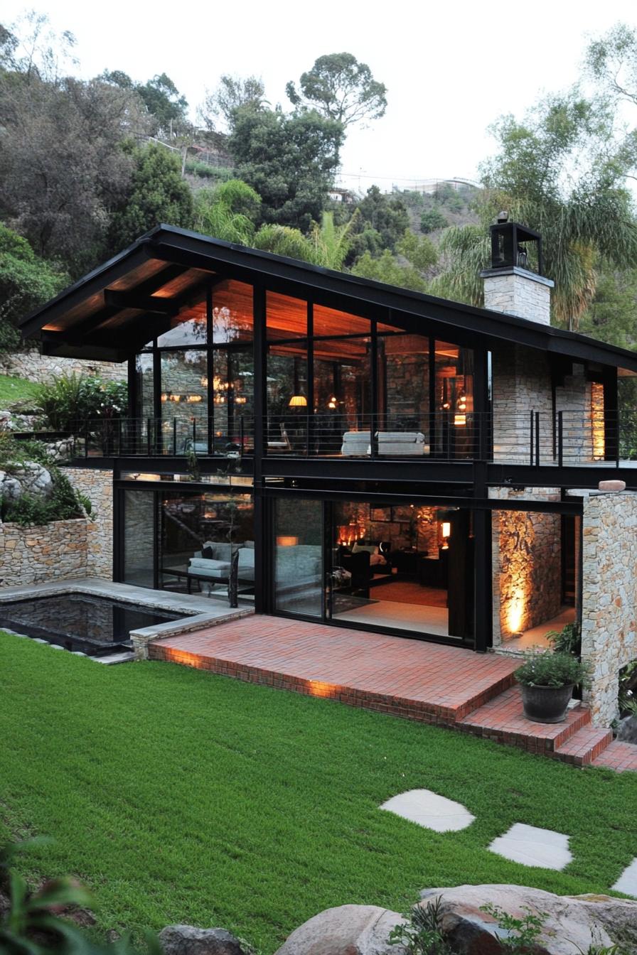 Modern house on a grassy hillside with large glass windows and a stone facade