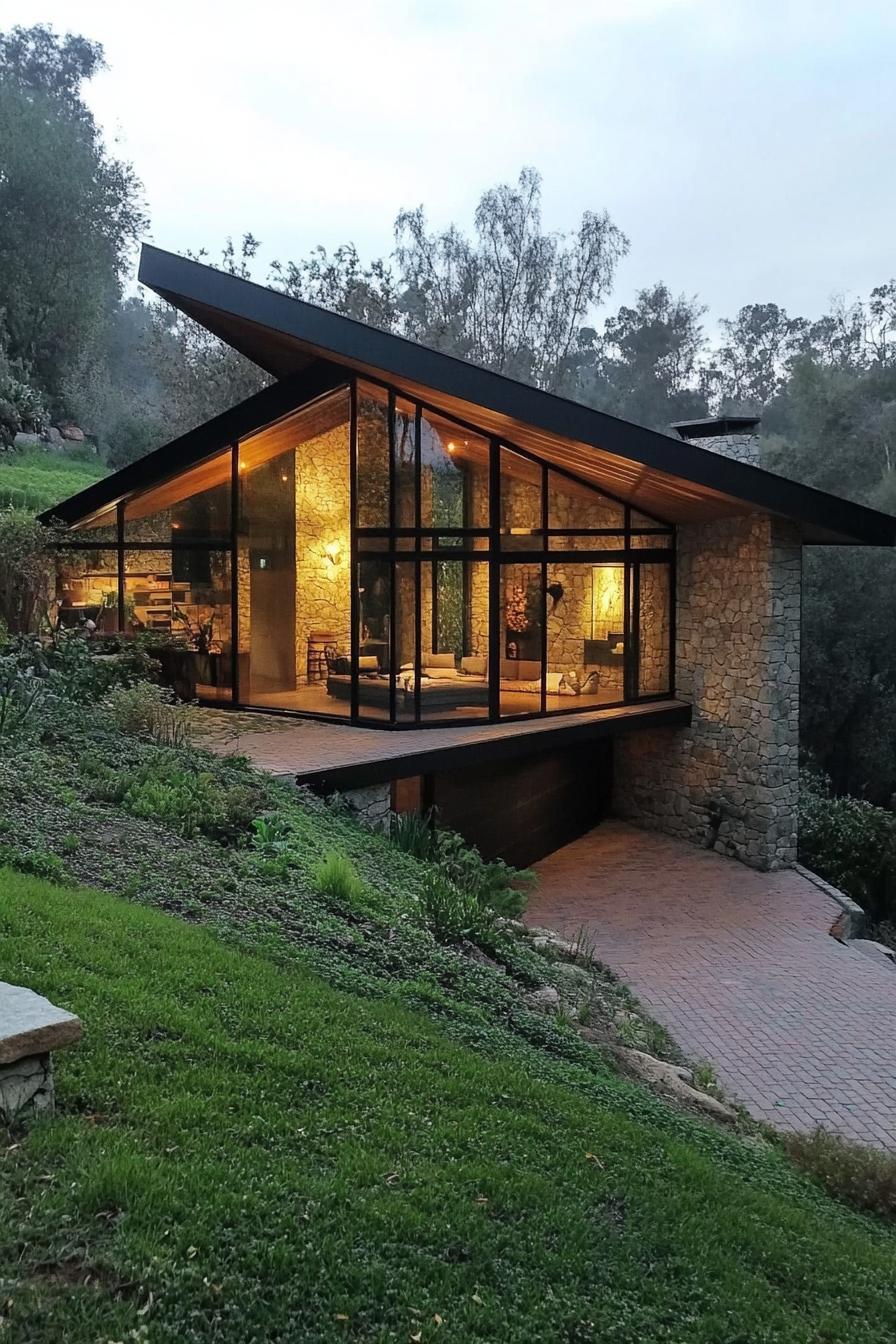 Modern house with large glass windows on a hillside