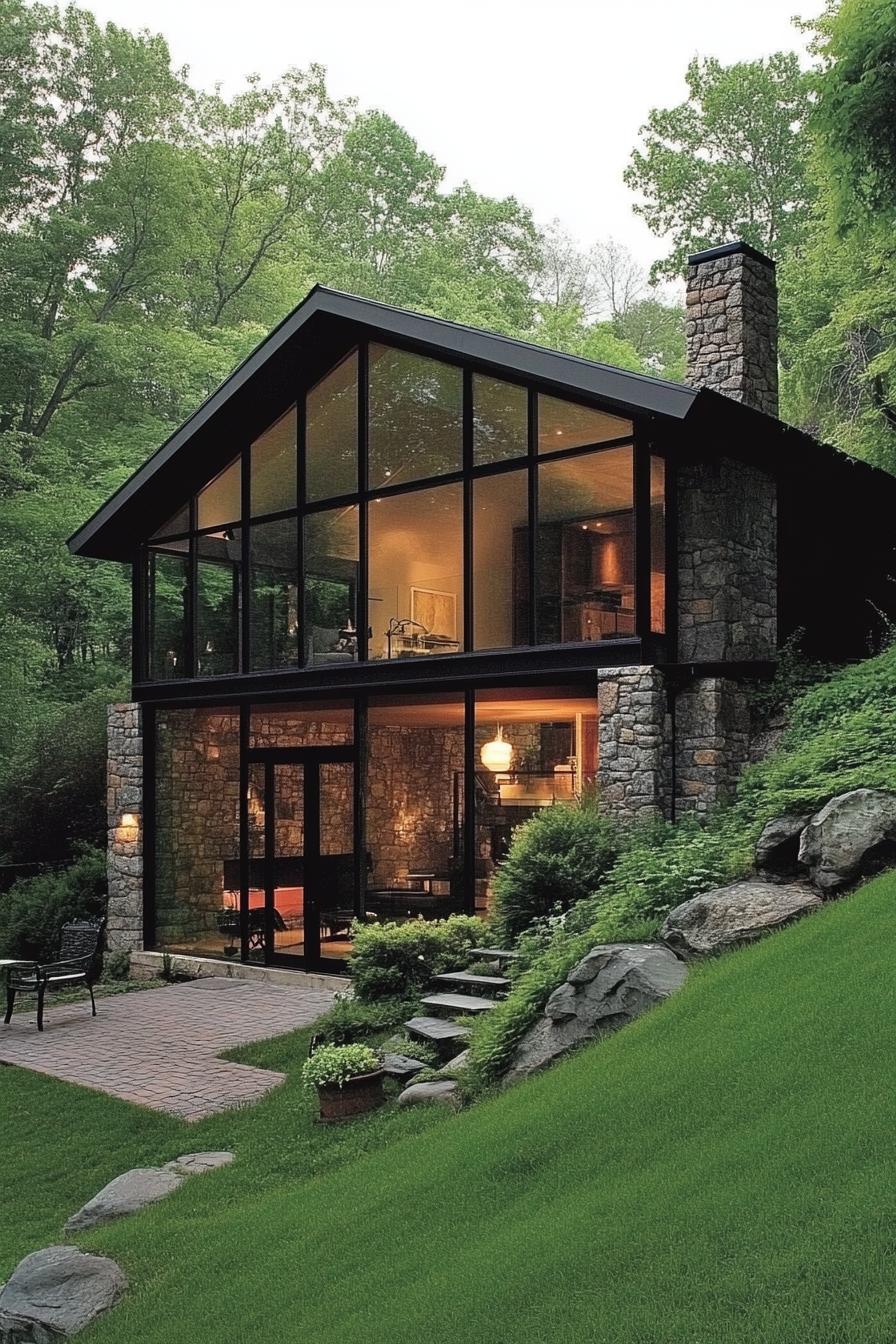 Cozy hillside house with large windows and stonework