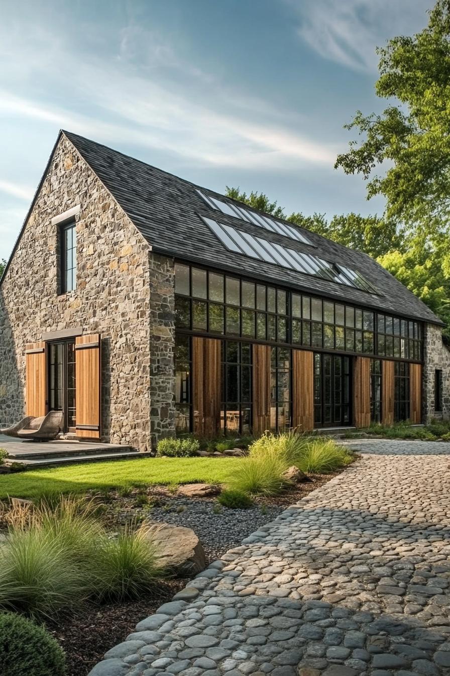 Modern stone barn with large windows and lush landscaping