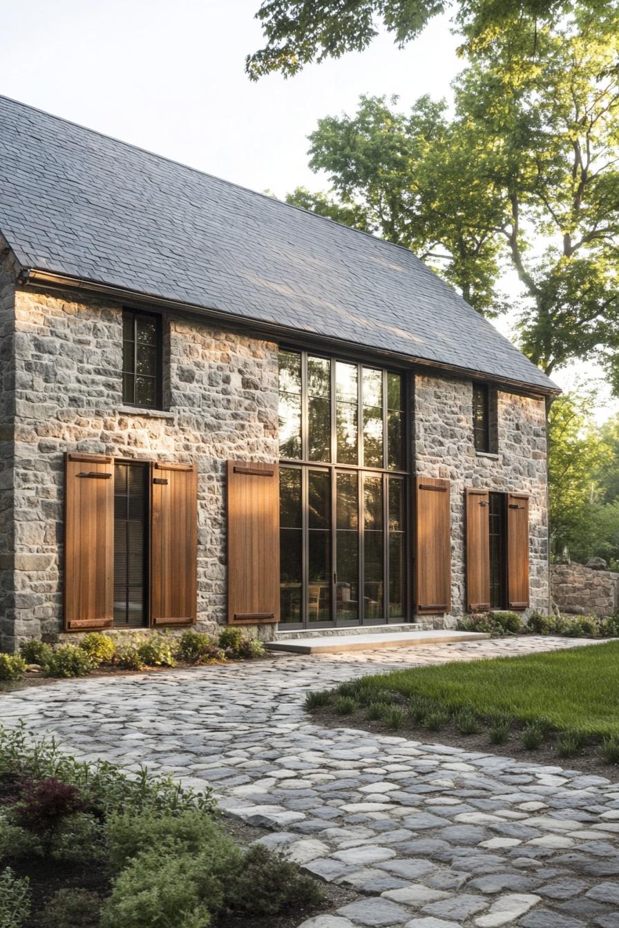 Modern stone barn with wooden shutters and large windows