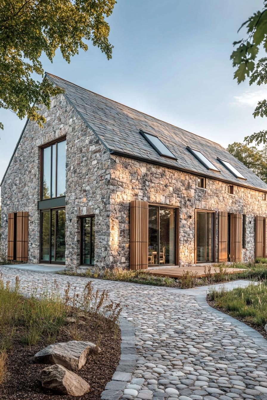 Modern stone barn with large windows and cobblestone path