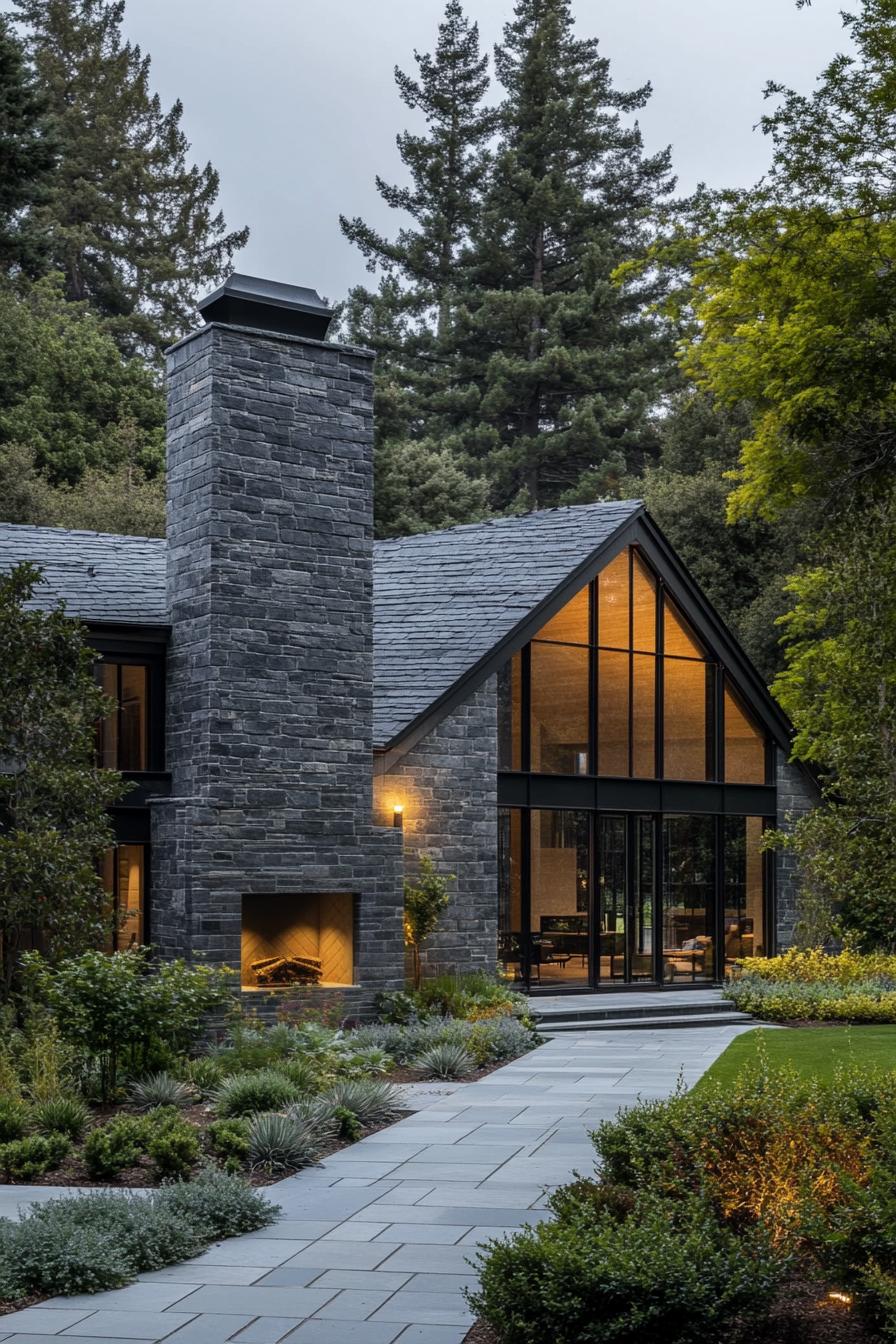 Cozy stone house with large windows and tall chimney