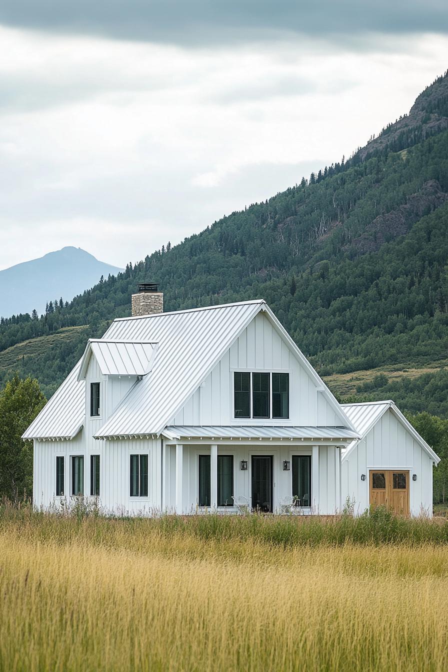 White farmhouse with a metal roof in a mountain setting