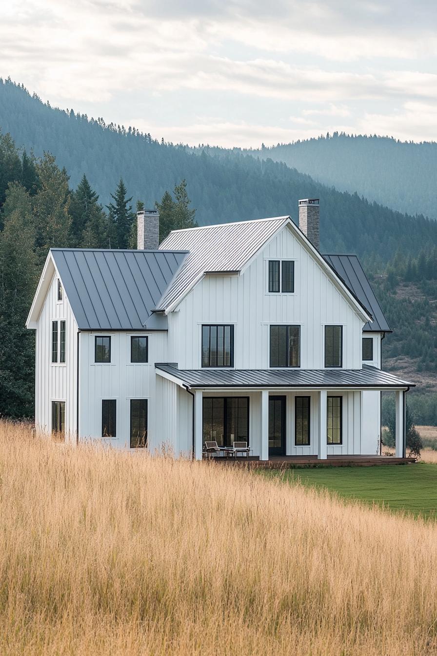 Elegant farmhouse amidst tall grass and mountain backdrop