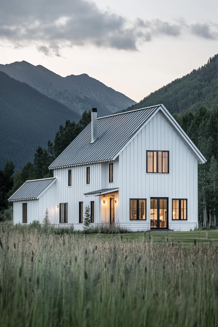 Rustic farmhouse against mountain backdrop